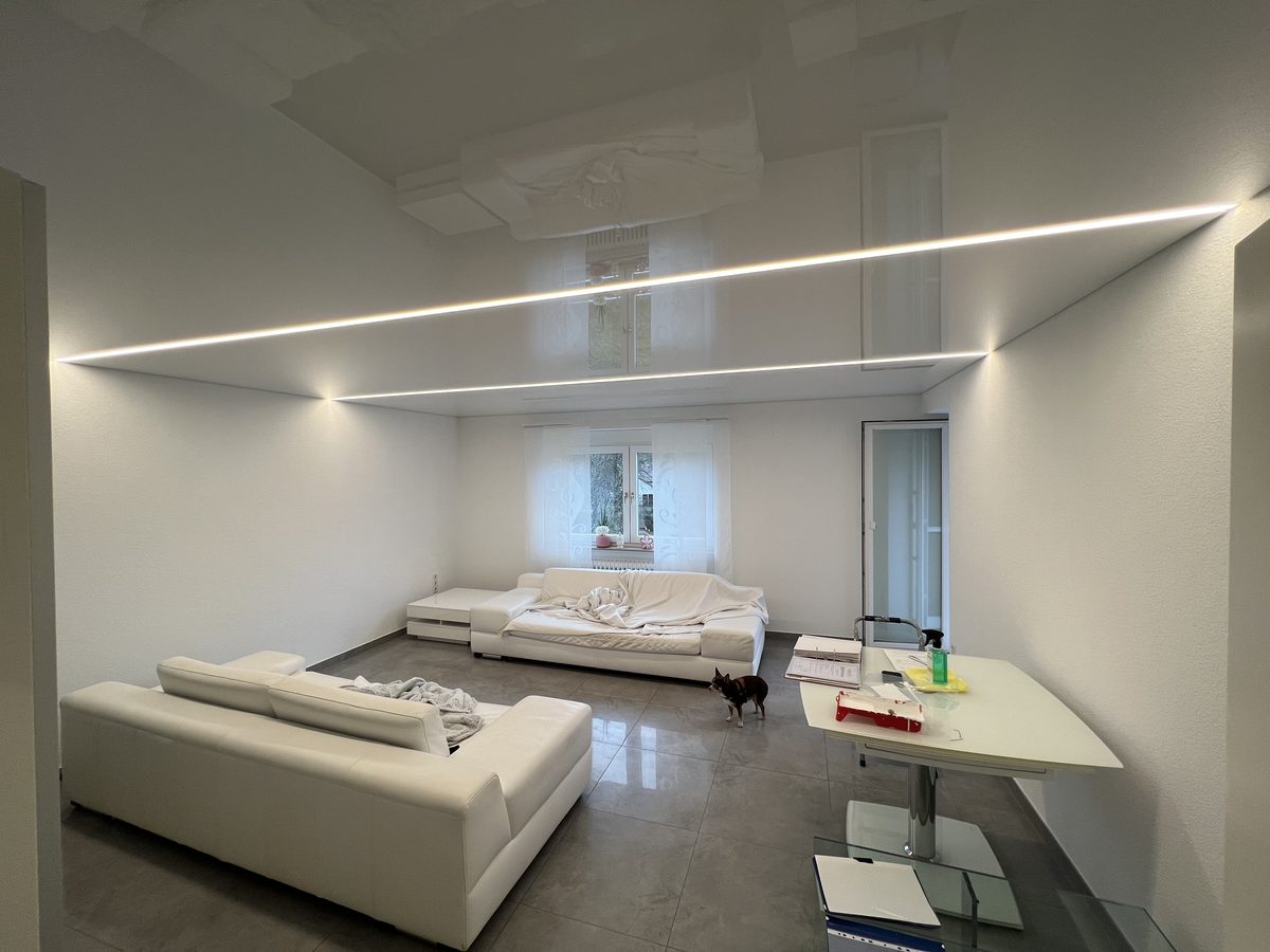 Helles Wohnzimmer mit Spanndecke und zwei parallelen Lichtlinien